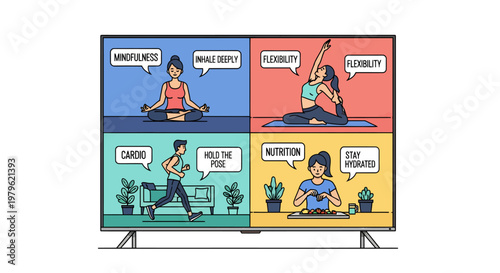 Woman doing yoga in different colorful environments on TV