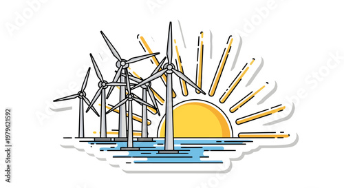 Wind turbines at sunrise with sun and water