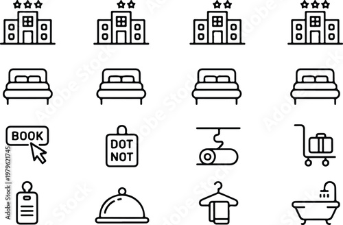 Clean black outline hospitality icons collection featuring hotel building beds trolley key card bathtub and service elements