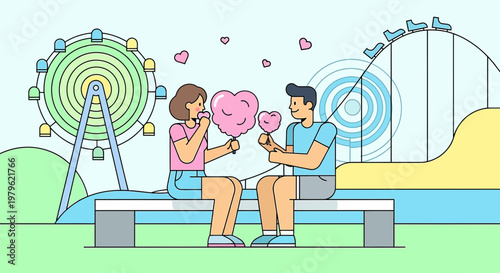 Couple enjoys cotton candy at amusement park, romantic date illustration