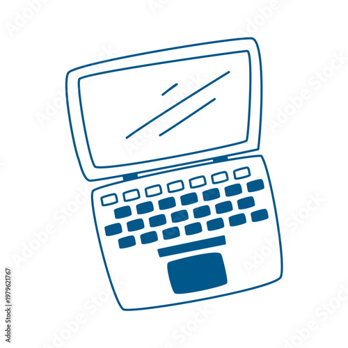 Open laptop doodle style illustration. Personal portable computer for work, study and entertainment. Hand drawn outline technology object, vector element