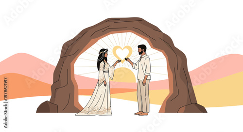 Couple Exchange Rings Under Natural Arch, Sunset Wedding Vows, Love Heart Symbol