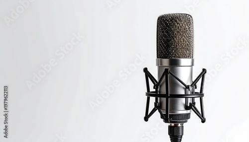 Professional Studio Condenser Microphone with Shock Mount on White Background.
