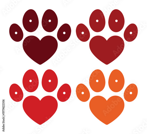 Heart Paw Print Vector Set, Four Stylized Animal Paw Prints with Heart-Shaped Pads, Love for Pets Graphic Resource, Pet Adoption and Animal Welfare Design Elements