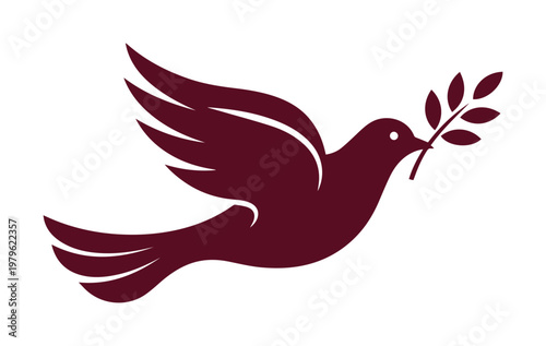 Elegant maroon dove vector, flying peace symbol, olive branch icon, spiritual bird illustration for tranquility and hope designs.