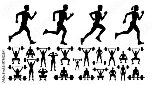 Fitness silhouette set running and weightlifting collection, Gym workout silhouettes running athletes and lifting icons, Active lifestyle silhouettes fitness training and exercise set, Athletic silhou