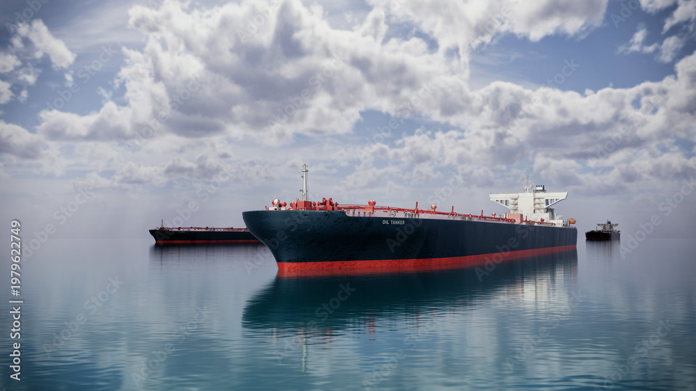 Fototapeta premium Large oil tanker ship sailing in the ocean at sunset, 3D render illustration.