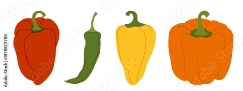 Pepper set with different types and colors, sweet bell, hot chili peppers. Fresh vegetable collection isolated on white background. Perfect for food design, packaging, menu, healthy lifestyle themes.