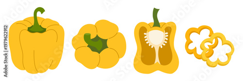 Yellow sweet pepper set with whole, half and sliced pieces. Fresh vegetable collection in flat style. Vector illustration isolated on white background.