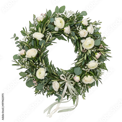 Elegant white roses and eucalyptus wreath with silver ribbon isolated on transparent background
