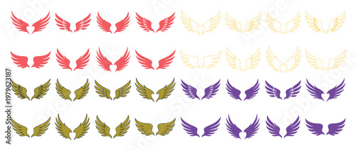 Colorful vector wings collection, a set of 24 stylized wing illustrations in red, gold, purple, and cream. Versatile graphic elements for branding, logos, and decorative designs.