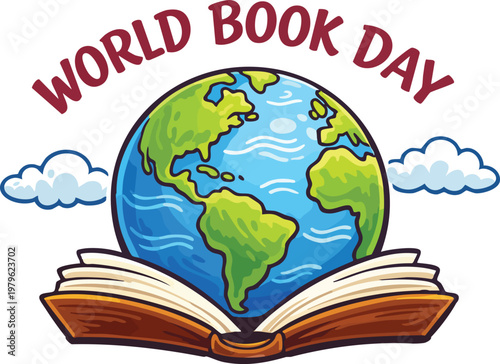 World book day illustration with an open book and a globe, featuring a creative design for reading and education awareness