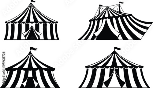 Circus Tent Icon Set with Black and White Stripes for Event, Festival, and Entertainment Design Projects
