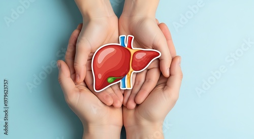 Hands holding a stylized illustration of a human liver on blue background