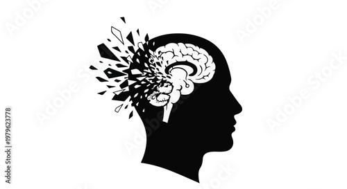 Brain silhouette shattering into fragments illustrates mental health challenges.
