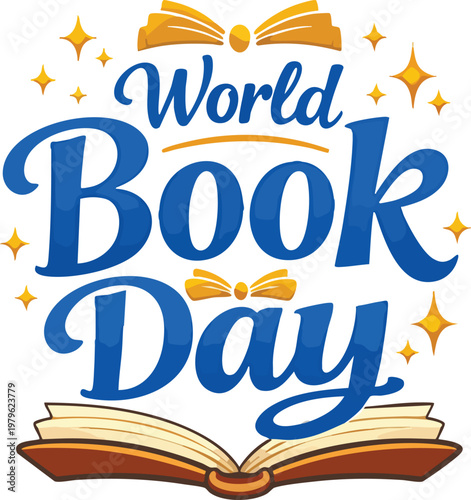World book day celebration design with open book illustration, decorative stars and elegant typography for literary events, reading festivals and library posters
