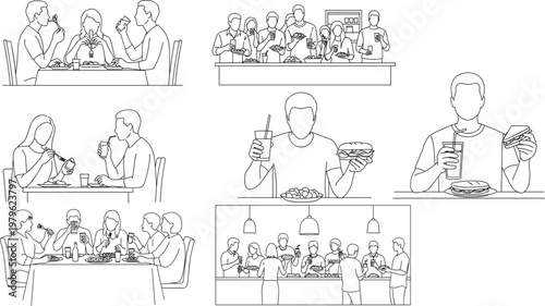 Foto Restaurant Dining Icon Set Featuring People Enjoying Meals and Drinks for Food,