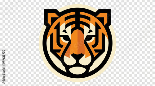 Dynamic and symmetrical tiger head logo illustration, featuring bold stripes and an intense gaze, perfect for sports mascots, e-sports teams, or strong corporate branding