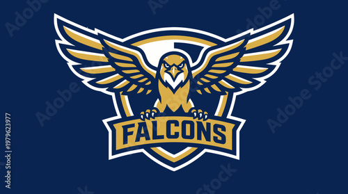 Powerful falcon logo design featuring a bird of prey with dynamic spread wings. Sleek blue and gold graphic emblem, ideal for sports teams and athletic branding