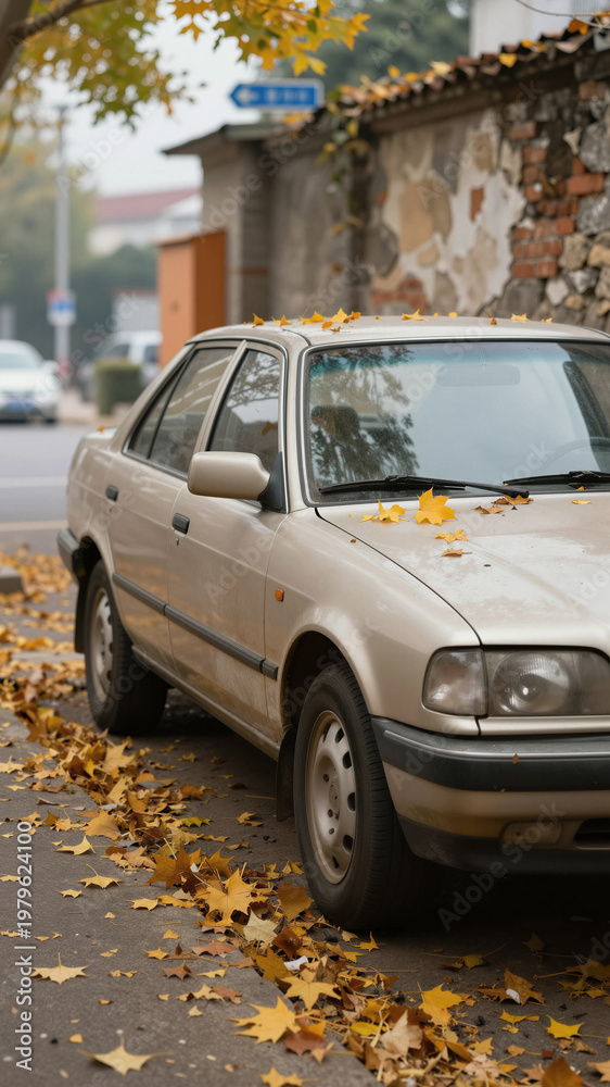 Naklejka premium Old Sedan Car Covered With Yellow Autumn Leaves Parked On City Street