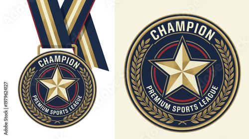 Elegant championship sports league medal and emblem design featuring a gold star and laurel wreath, symbolizing victory and premium achievement