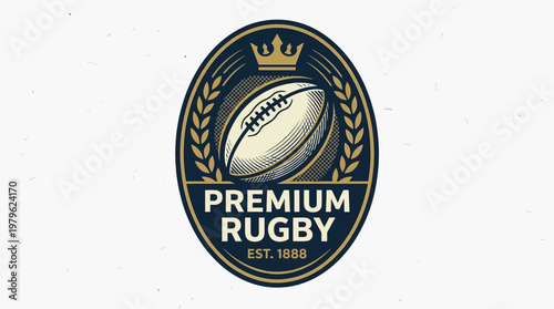 Elegant Vintage Rugby Sport Emblem with Crown and Laurel Wreath, Premium Athletic Logo Design for Championship Teams and Clubs