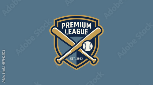 Baseball Emblem Logo for Premium League Featuring Crossed Bats and Ball