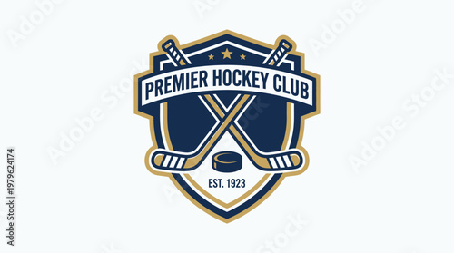 Vector logo design for an ice hockey club, showcasing crossed sticks, a shield, and stars, embodying competitive sports, team spirit, and athletic excellence