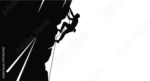 Rock climber scales a steep cliff face in this high contrast action silhouette.