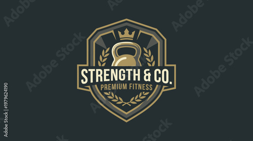 Elegant premium fitness logo design, showcasing a stylized kettlebell, royal crown, and laurel wreath within a classic shield emblem for strength training clubs