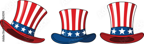 Set of Patriotic Uncle Sam Hat Vector Illustrations Featuring Red, White, and Blue Stripes with Stars for Independence Day and Celebration Designs