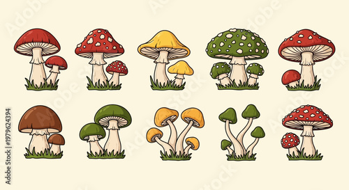 Hand Drawn Collection of Colorful Cartoon Mushrooms and Fungi Set on Neutral Background