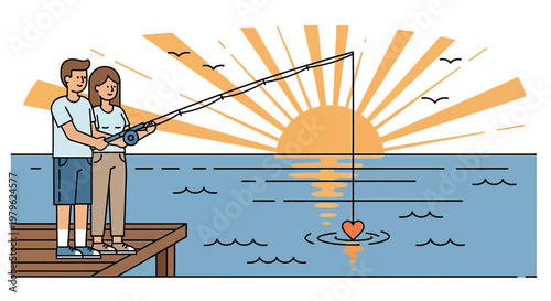 Couple Fishing for Love Heart Symbol on Pier Sunrise