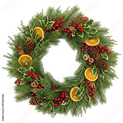 Handcrafted Christmas wreath with pinecones, cranberries, and dried oranges isolated on transparent background
