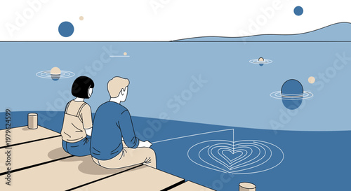 Couple Fishing for Love Hearts on a Serene Lake with Planets