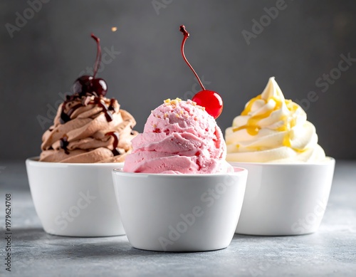 Three Delicious Ice Cream Desserts with Toppings.