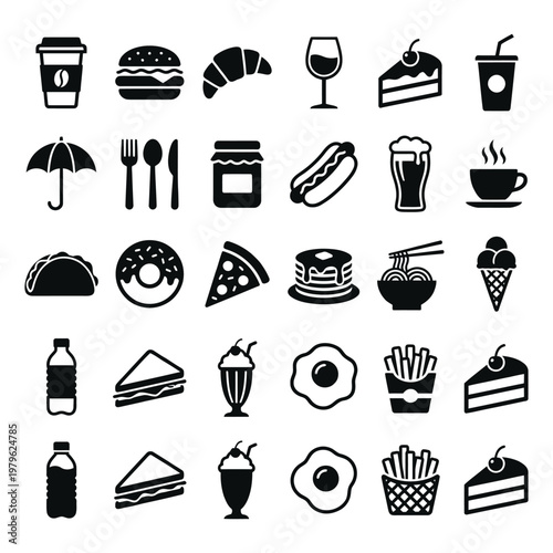 Collection of various food and drink icons presented as simple flat vector illustrations on a white background