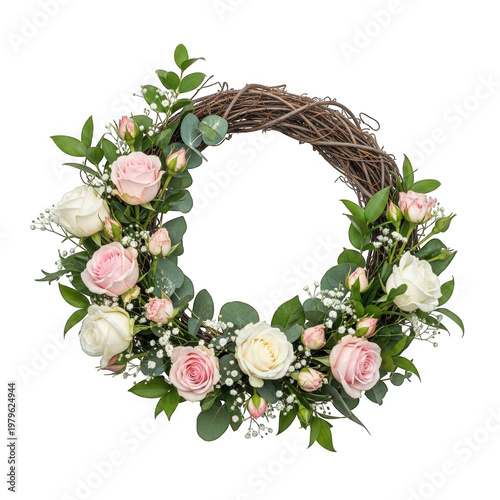 Elegant floral wreath with pink roses and greenery isolated on transparent background
