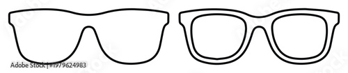 Stylish black outline sunglasses vector set, modern eyewear fashion accessories, two distinct glasses designs for summer and casual wear, graphic resource for web and print.