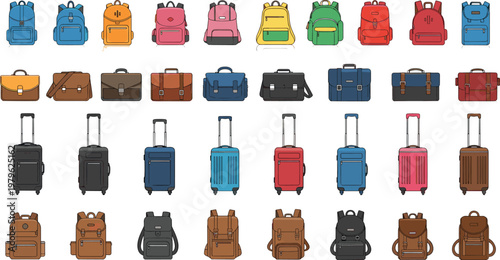 Set of Luggage, Backpack, and Suitcase Vector Illustrations in Various Styles, Colors, and Designs for Travel, Fashion, and Outdoor Needs