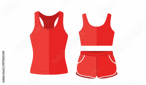 Red women athletic outfit flat lay tank top and shorts vector illustration modern sportswear set isolated on white
