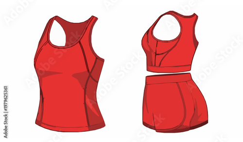 Stylish women red sportswear set tank top and shorts angled view vector illustration for fitness and casual wear isolated on white
