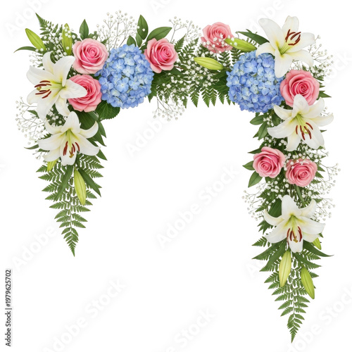 Elegant floral arch with roses, hydrangeas, and lilies isolated on transparent background