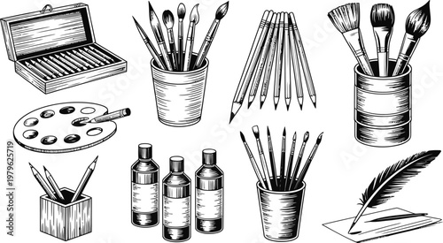 Artistic tools and supplies for and painting in a vintage style