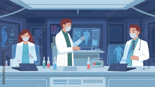Three doctors in white coats analyze digital human anatomy holograms in a dark blue medical science lab