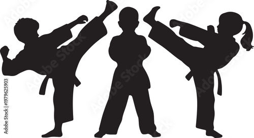 Children Karate Silhouette Set in Dynamic Fighting Poses, vector and illustration Silhouettes