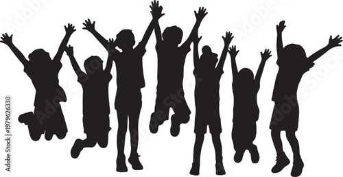 Children Cheering Silhouettes Set with Happy Kids Jumping and Standing, vector and illustration