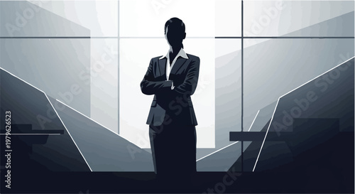 Silhouette of a confident businesswoman standing with crossed arms in a modern office environment with large windows and abstract geometric shapes.