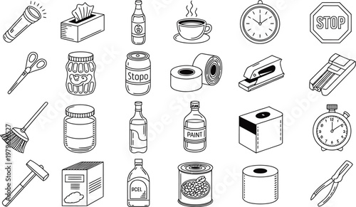 Assortment of everyday and tools depicted in a simple line style