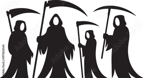 Grim Reaper Silhouettes Set with Scythe and Spooky Death Figure, vector and illustration Silhouettes